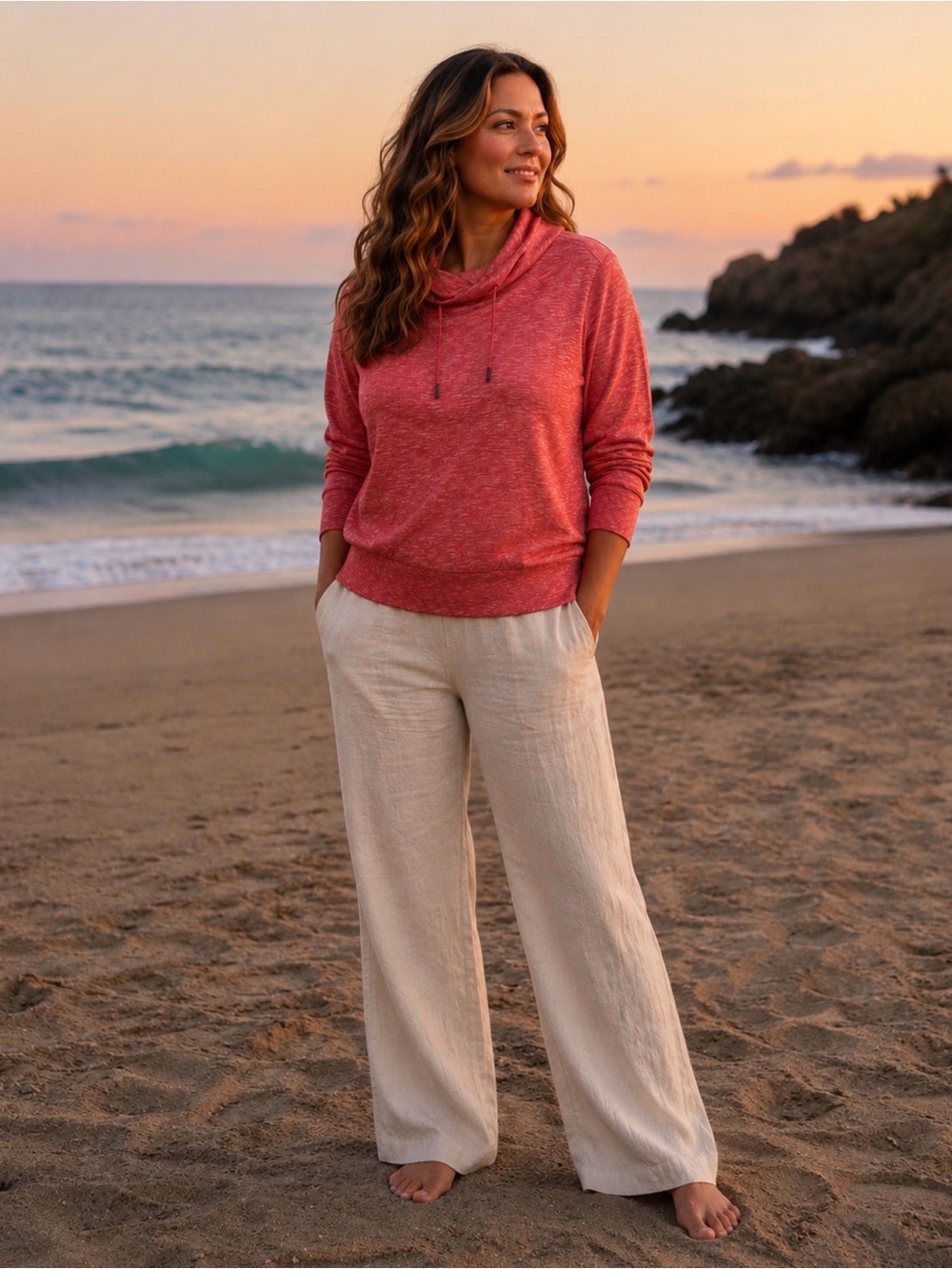 Liz Claiborne Weekend Coral Pink Cowlneck Pullover